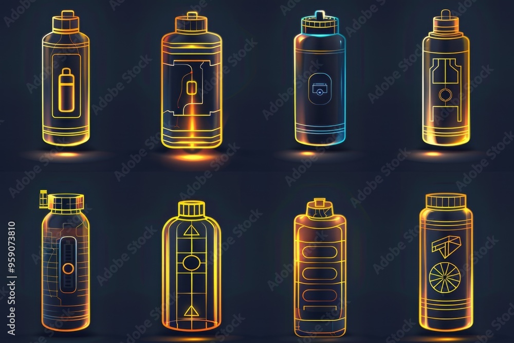 Poster collection of colorful glass bottles filled with various substances for decoration or display