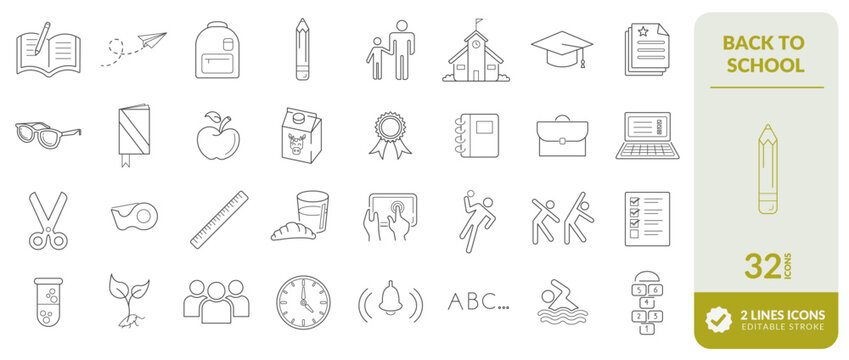 Set of back-to-school icons representing school materials, recess, education, college activities and others. See more on our profile.