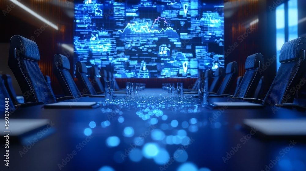 Poster empty conference room with a digital data projection on the wall. the data is represented by glowing