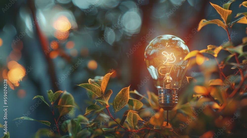 Wall mural A light bulb sits atop a tree branch, lit up in the evening