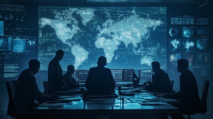 Global surveillance operations room for strategic planning in intelligence, security, and defense analysis with team studying digital world map