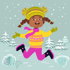 Happy girl admires falling snow. Winter outdoor activity. A child in bright clothes against a winter landscape. Cartoon kid on a walk enjoying the snowfall. Hand-drawn flat vector illustration.