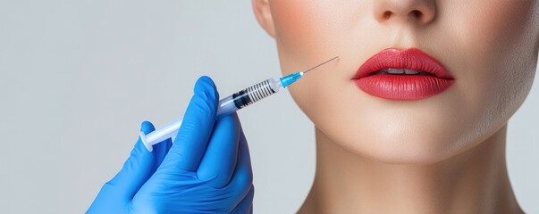 Close-up of cosmetologist hand in glove holding syringe with injection in woman's nasolabial fold area with text space on white background, banner, poster, website for advertising cosmetic procedures,