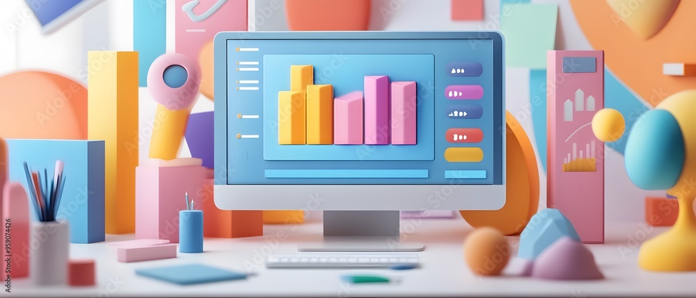 Poster a colorful and modern workspace featuring a computer with vibrant data charts, ideal for design and 