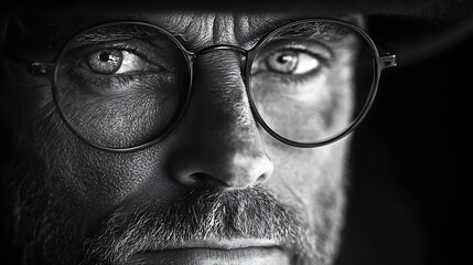 Close-up portrait of a man with a beard and round glasses, looking directly at the camera.