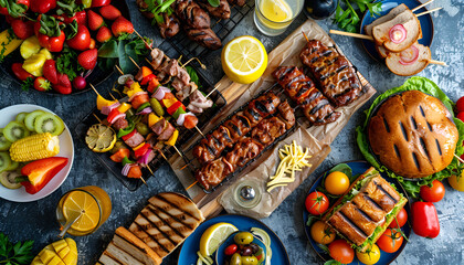 Various picnic barbeque food and drink flatlay. Summer bbq picnic food, assorted grilled meats, kebabs, vegetable, fruit salad, traditional picnic summer pie cake, sandwiches, top view copy space