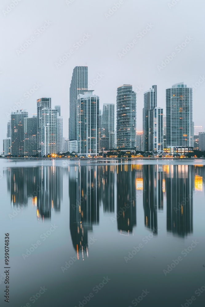 Poster panoramic view of a city skyline from the perspective of a person standing on the shore or dock