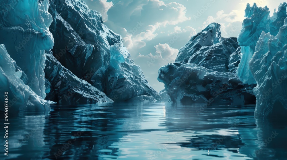 Poster A group of icebergs floating on the surface of the water, with some partially submerged