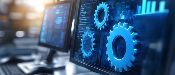 A modern workspace with digital screens displaying data and graphs, featuring gears and technological elements for innovation.