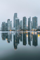 Fototapeta premium Panoramic view of a city skyline from the perspective of a person standing on the shore or dock