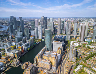 Aerial view of the Canary Wharf business district in London. Panoramia of the skyscrapers in...