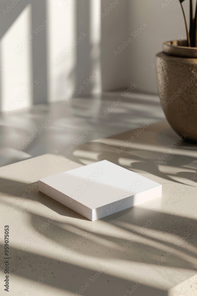 Poster a small white box sits on a table next to a potted plant, ready for use