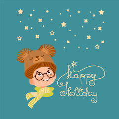 Happy boy admires falling snow. Winter outdoor activity. A child in bright clothes, handwritten text Happy Holiday. Cartoon kid enjoying the snowfall. Hand-drawn flat vector illustration.
