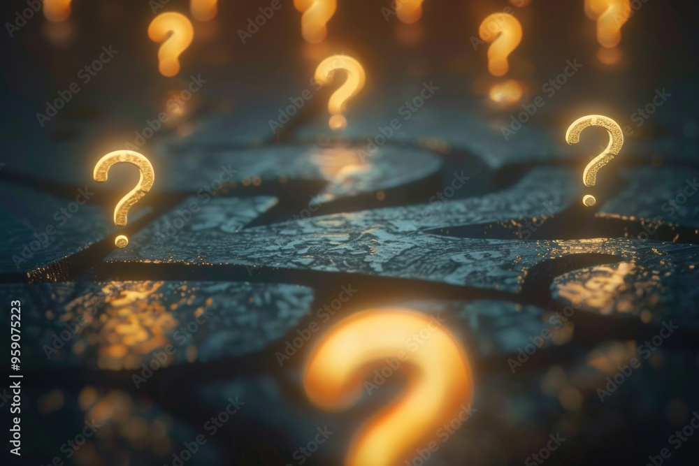 Fototapete group of question marks on a floor, often used as a decorative element or to convey uncertainty