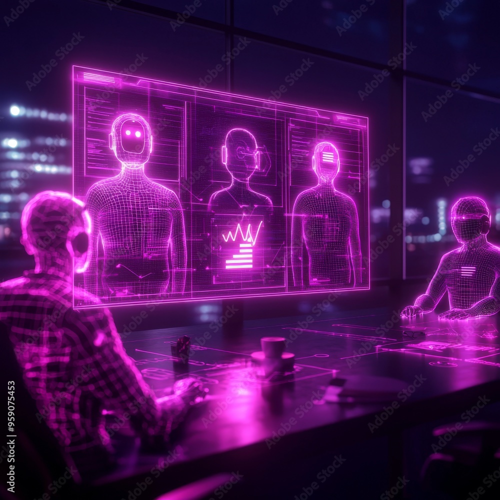 Poster four futuristic figures huddle around a holographic display, analyzing data with glowing pink light.