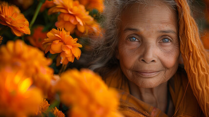 banner portrait of an elderly woman with gray hair