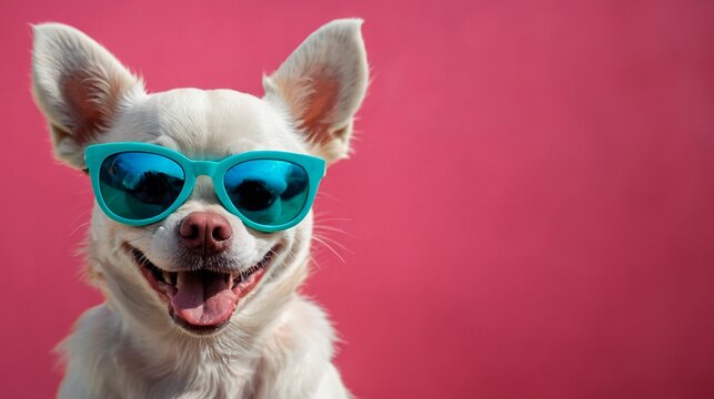 Funny close up portrait of a happy smiling white chiwawa dog wearing stylish blue sunglasses against a vibrant bright pink background. Great for veterinary clinic or pet food advertisement.