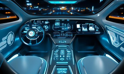 Futuristic Car Interior with Blue Illuminated Dashboard and Seats