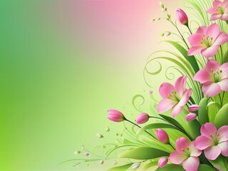 Fototapeta premium Delicate pink flowers bloom against a soft green and pink gradient background, perfect for spring-themed designs.