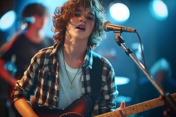Obraz premium Young Musician Performing Live with Guitar on Stage