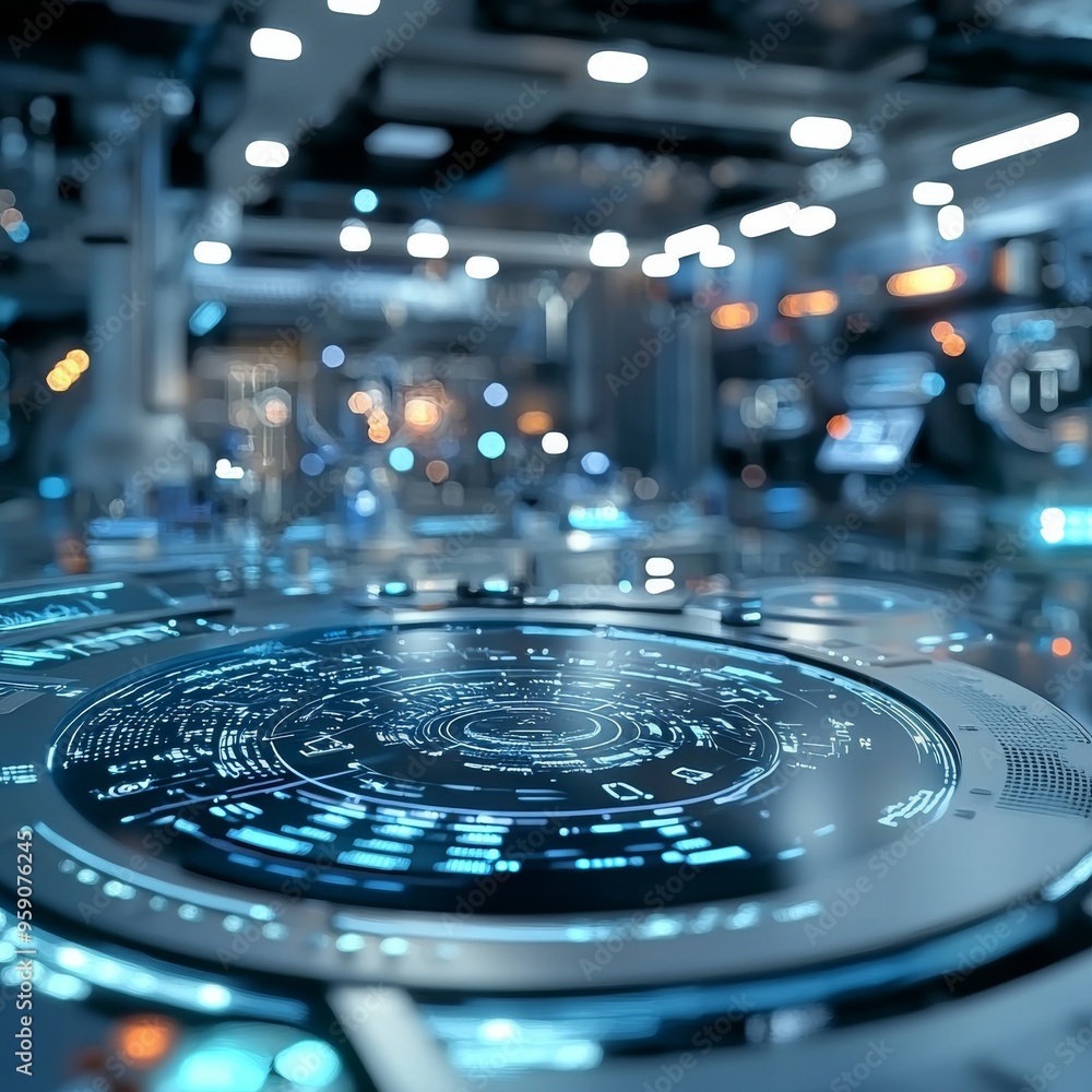Poster futuristic control panel with glowing blue interface in a high-tech environment.