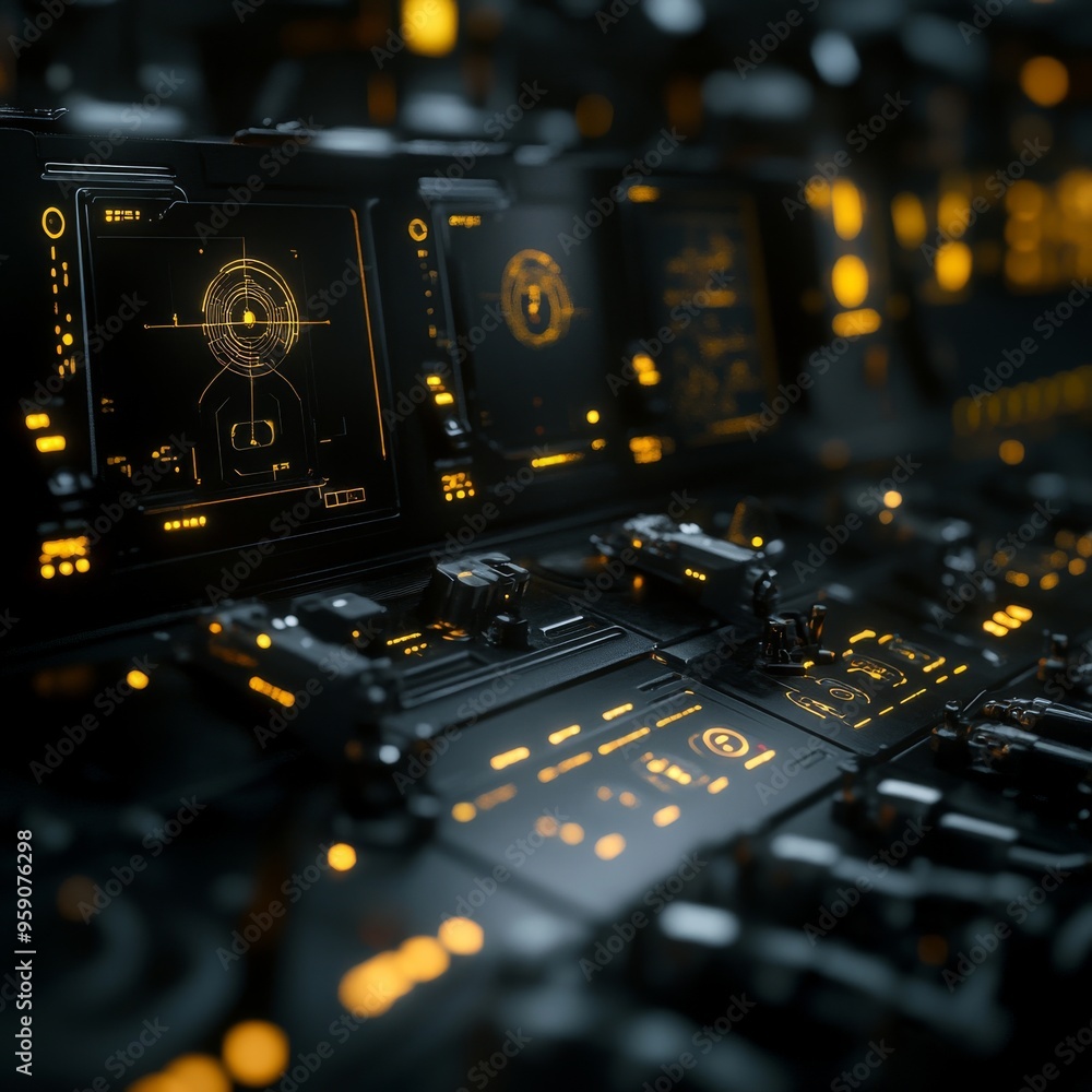 Poster futuristic control panel with glowing buttons and displays. abstract technological background.