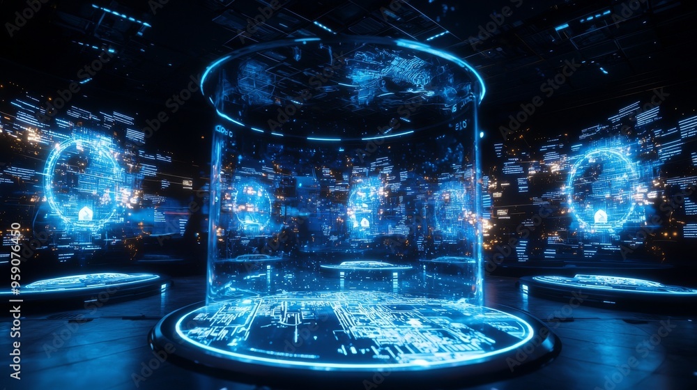 Poster futuristic digital display with glowing blue holographic projections of data and maps in a dark room
