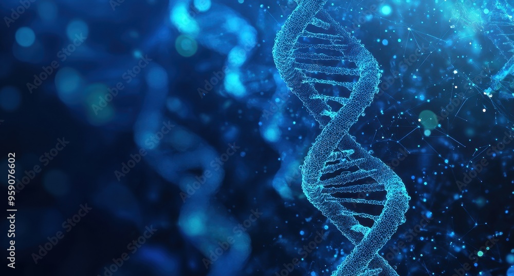 Poster 3d rendering on a blue background with digital dna holographic, futuristic technology and artificial