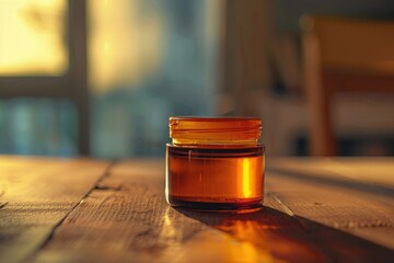 A jar of honey sits on a wooden table