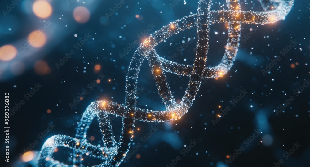 Poster abstract vector illustration of a dna double helix with neural network connections, representing art