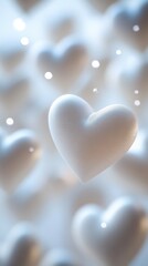 Fototapeta premium White Heart with Water Droplets in Soft Focus - A delicate white heart adorned with water droplets, surrounded by a soft blur of similar hearts in the background.