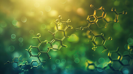 A representation of a molecular structure with a glowing green and yellow bokeh background, symbolizing scientific discovery and innovation in chemistry and biology..