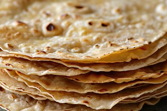Stack of thin flatbreads with golden brown spots, closely arranged in a pile, highlighting their texture and crispiness.