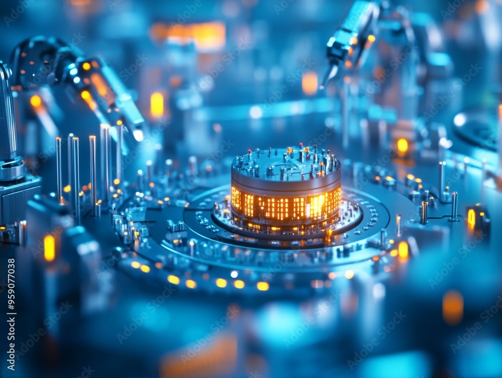 Poster futuristic robotic arms surrounding a glowing central mechanism in a complex, digital environment.