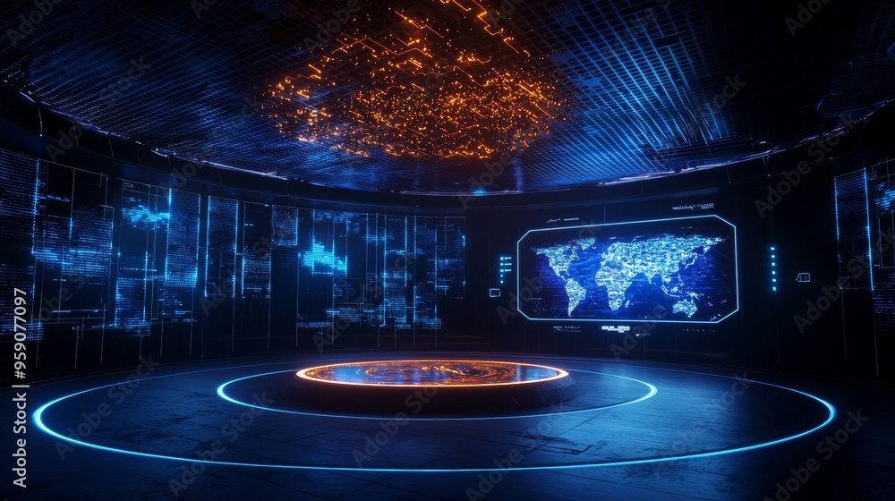 Poster futuristic room with glowing blue lines and a world map display. a round platform sits in the center