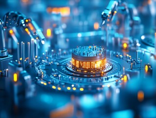 Futuristic robotic arms surrounding a glowing central mechanism in a complex, digital environment.