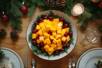 Festive Holiday Table with Mangoes, Cherries, and Evergreen Decor