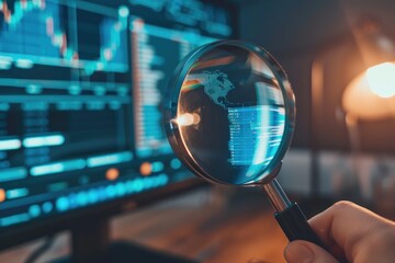 A person inspecting a computer with a magnifying glass, great for tech or detective themes