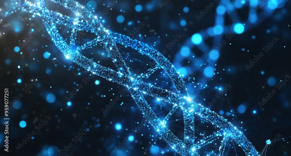 Poster the background of the theme is an abstract representation of neural networks in blue color, a dna do