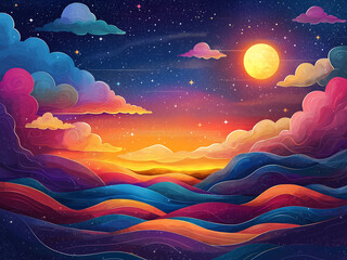 Abstract Dream - sky, night, moon, stars, clouds, sunset, landscape, colorful, waves, fantasy, dreamy, surreal, nature, twilight, horizon, vibrant, painting, digital art