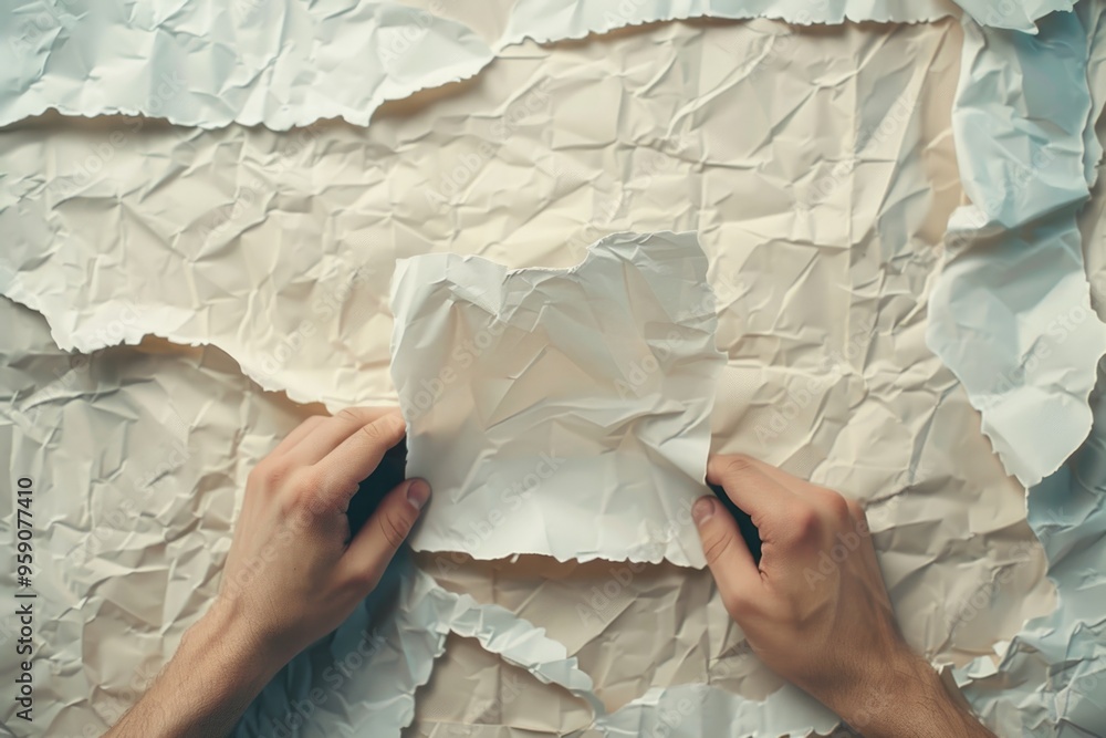 Poster A person using scissors to cut a piece of paper, possibly for crafting or editing