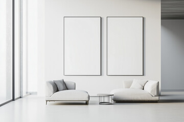 A modern minimalist living room with a neutral color palette, two large white, blank photo frames, and abundant natural light. Mockup for photos and art