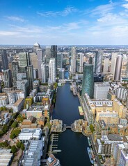 Aerial view of the Canary Wharf business district in London. Panoramia of the skyscrapers in London. Canary Wharf is part of London's central business district.