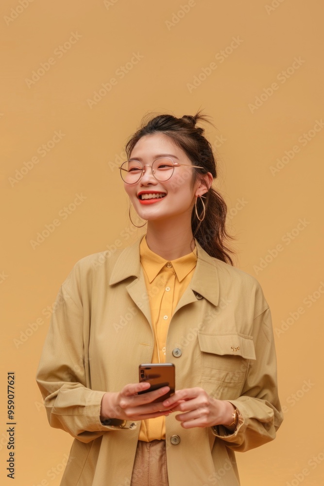 Sticker A woman holds a cell phone in her hand, wearing a yellow shirt and glasses