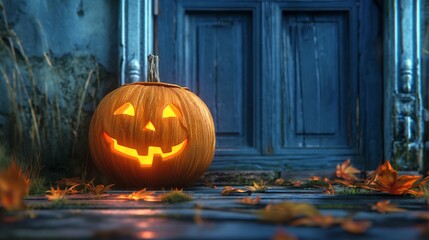 Obraz premium Halloween pumpkin in front of door. Residential house decorated for Halloween holiday.