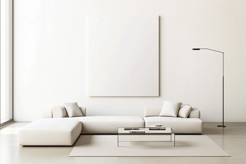 A modern minimalist living room with a neutral color palette, large white, blank photo frame, and abundant natural light. Mockup for photos and art