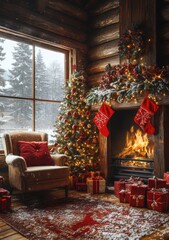 Cozy Christmas Cabin with Tree and Fireplace
