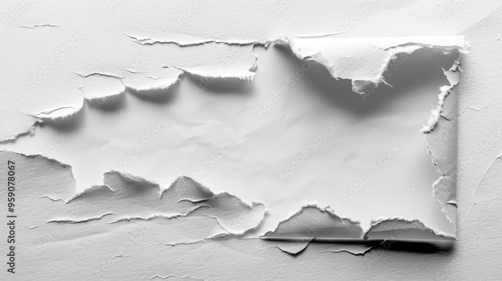 Poster a close-up shot of a torn paper fragment on a white background