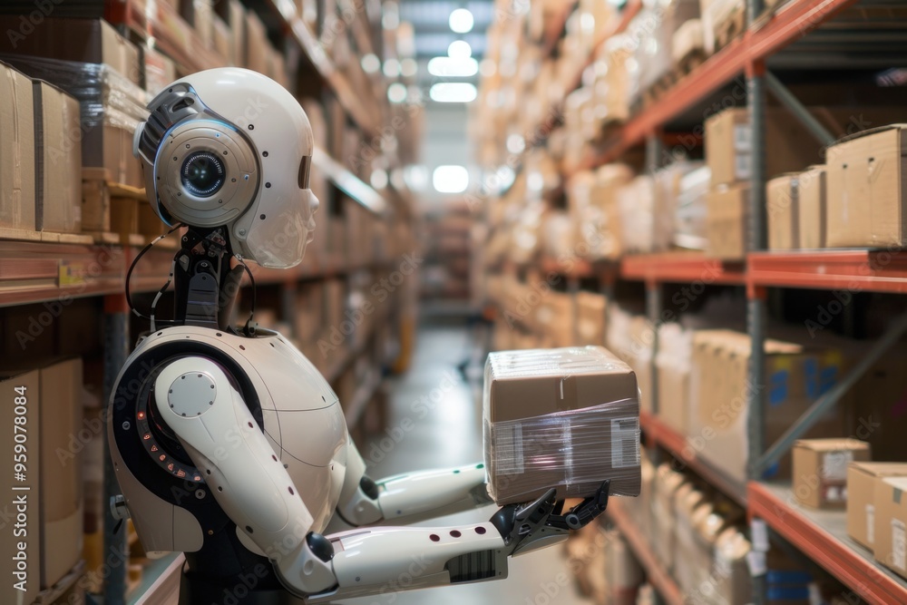 Poster A robot holding a box in a busy warehouse setting