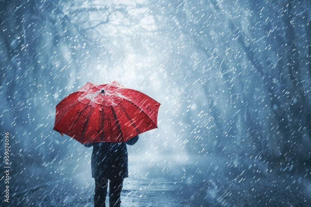 Poster a person holds an umbrella while walking in the rain